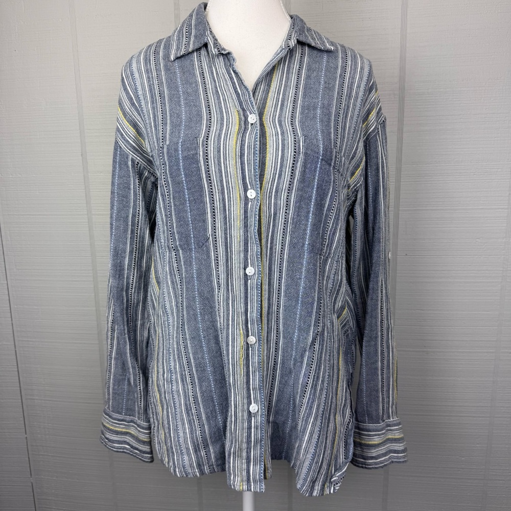 Karen Kane Striped Multicolor Stitching Long Sleeve Button Up Collared Top